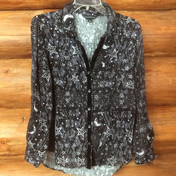 Rock & Republic Black Astrological Print Celestial Velvet Trim Shirt Size Medium - Picture 1 of 5